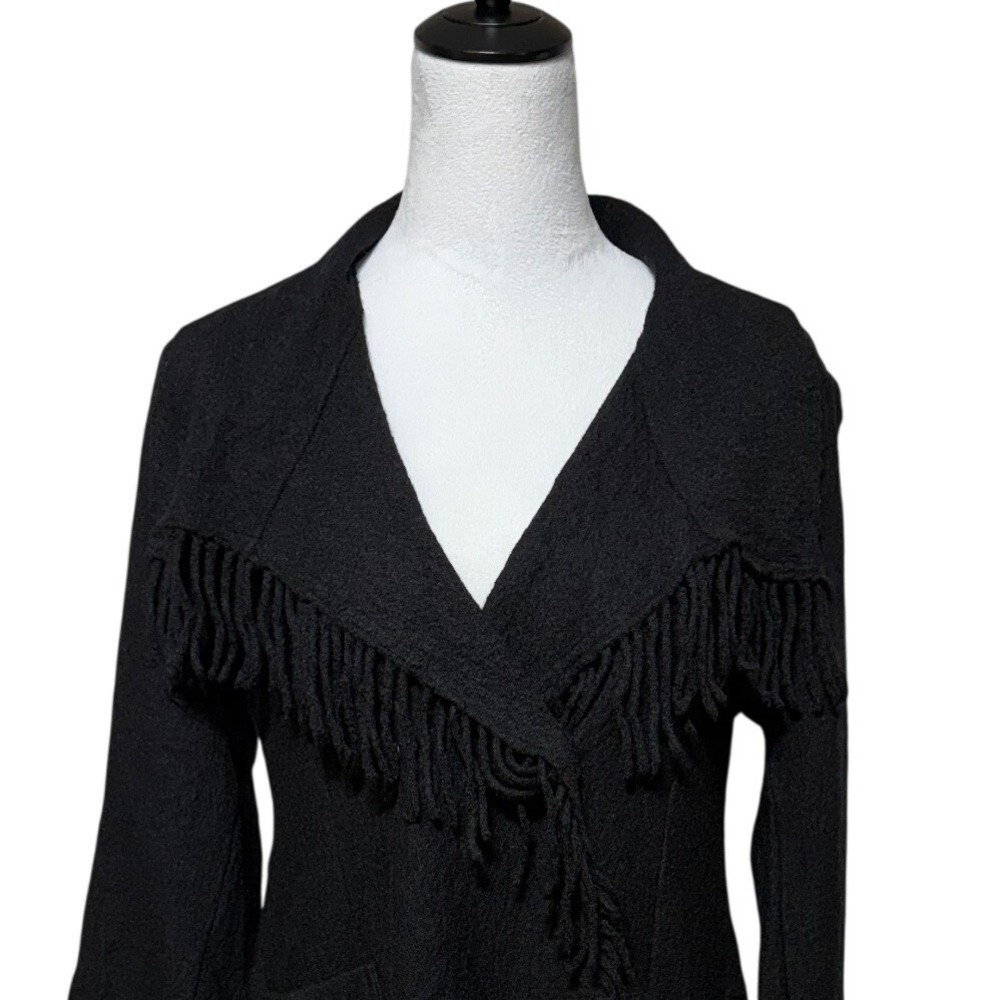 Chicos Jacket Blazer Womens Medium 1 Black 3/4 Sleeve Textured Fringe Western‎